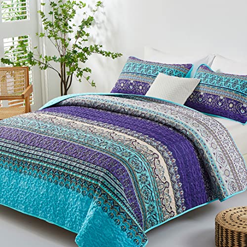Boho Queen Quilt Set, Purple Bohemian Queen Quilt Bedding Set, Beautiful Lightweight Bed Decor Bedspread For All Season 96"X90"(3 Pieces) #TOP1
