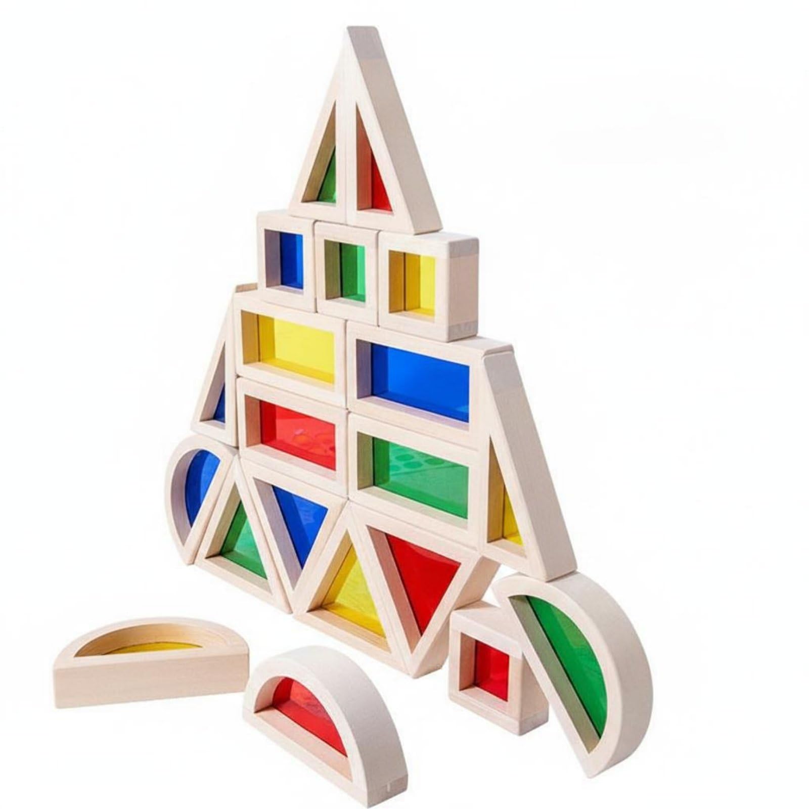 predolo 20 Pezzi Costruzioni in Legno Trasparenti Colorate Traslucido Blocchi Arcobaleno in Legno e Acrilico Bordi Arrotondati per Bambini 3+ Anni