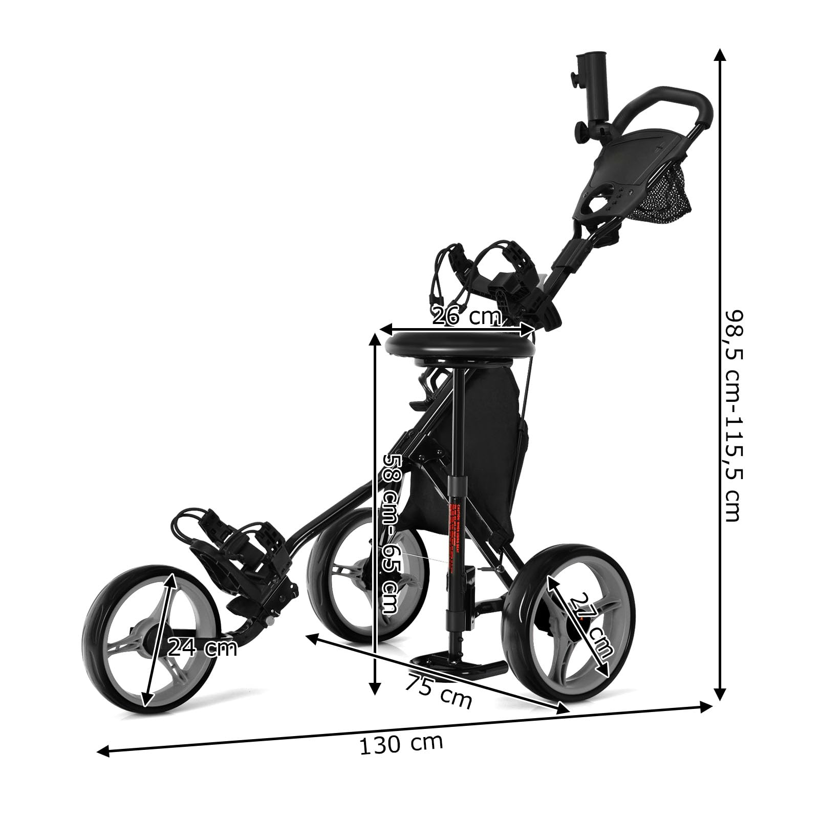 GOPLUS Golf Trolley, Golftrolley 3 Rad mit Verstellbarer Griff, Sitz & Fußbremse, Golfwagen klappbar mit Schirm- und Getränkehalter & wasserdichter Tasche, Golfcaddy Golf Push Cart