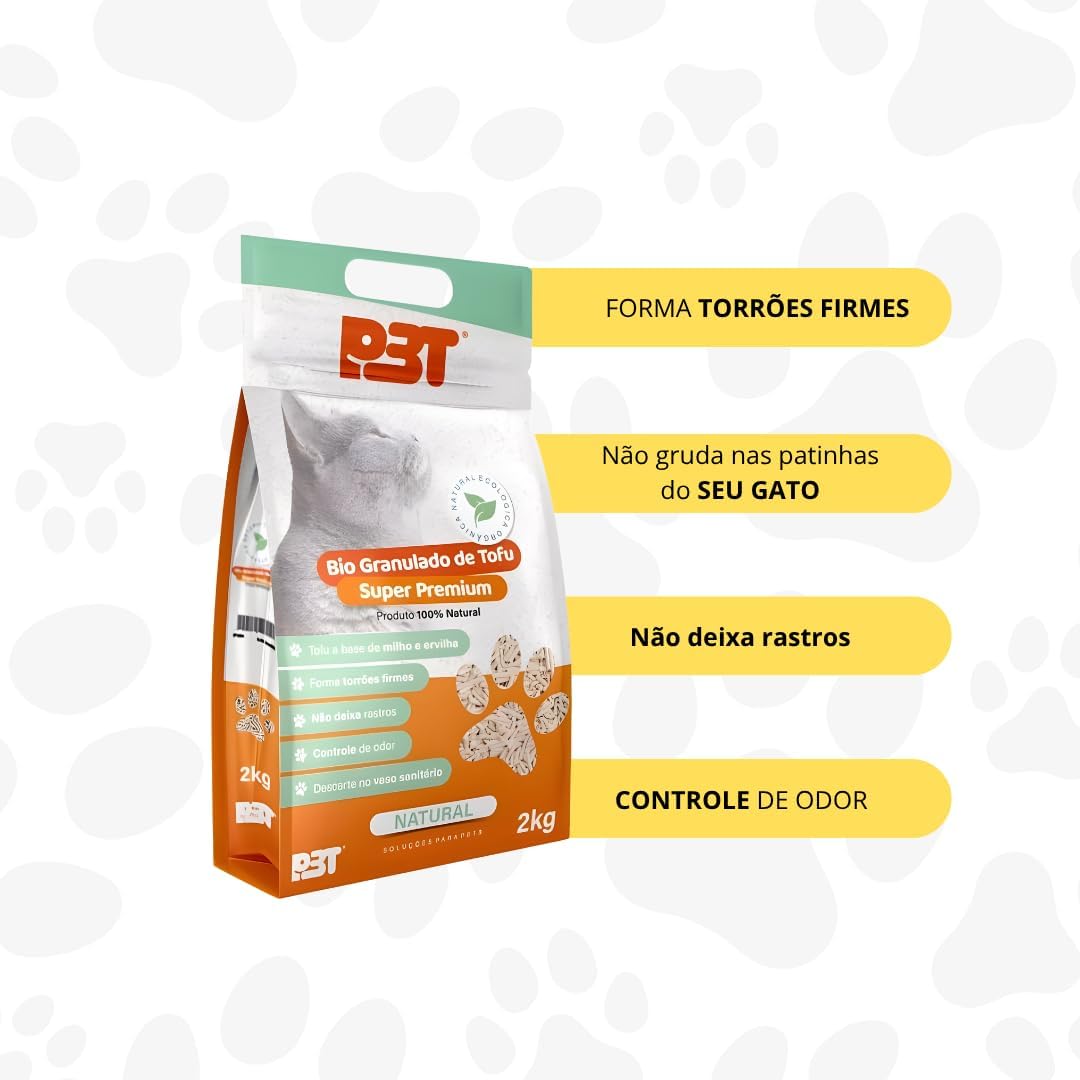 Areia Bio Granulado de Tofu Premium Natural P3T 2kg Controle de Odor Biodegradável