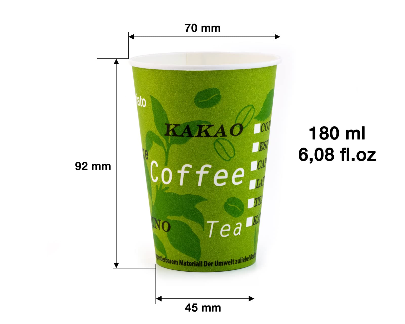 Octopus 1000 Kaffeebecher aus Pappe, 180 ml, grüne Bio-Optik, beschichtet | Für Kaffee, Tee, Kakao und kalte Getränke, formstabil, geschmacksneutral und in Deutschland produziert