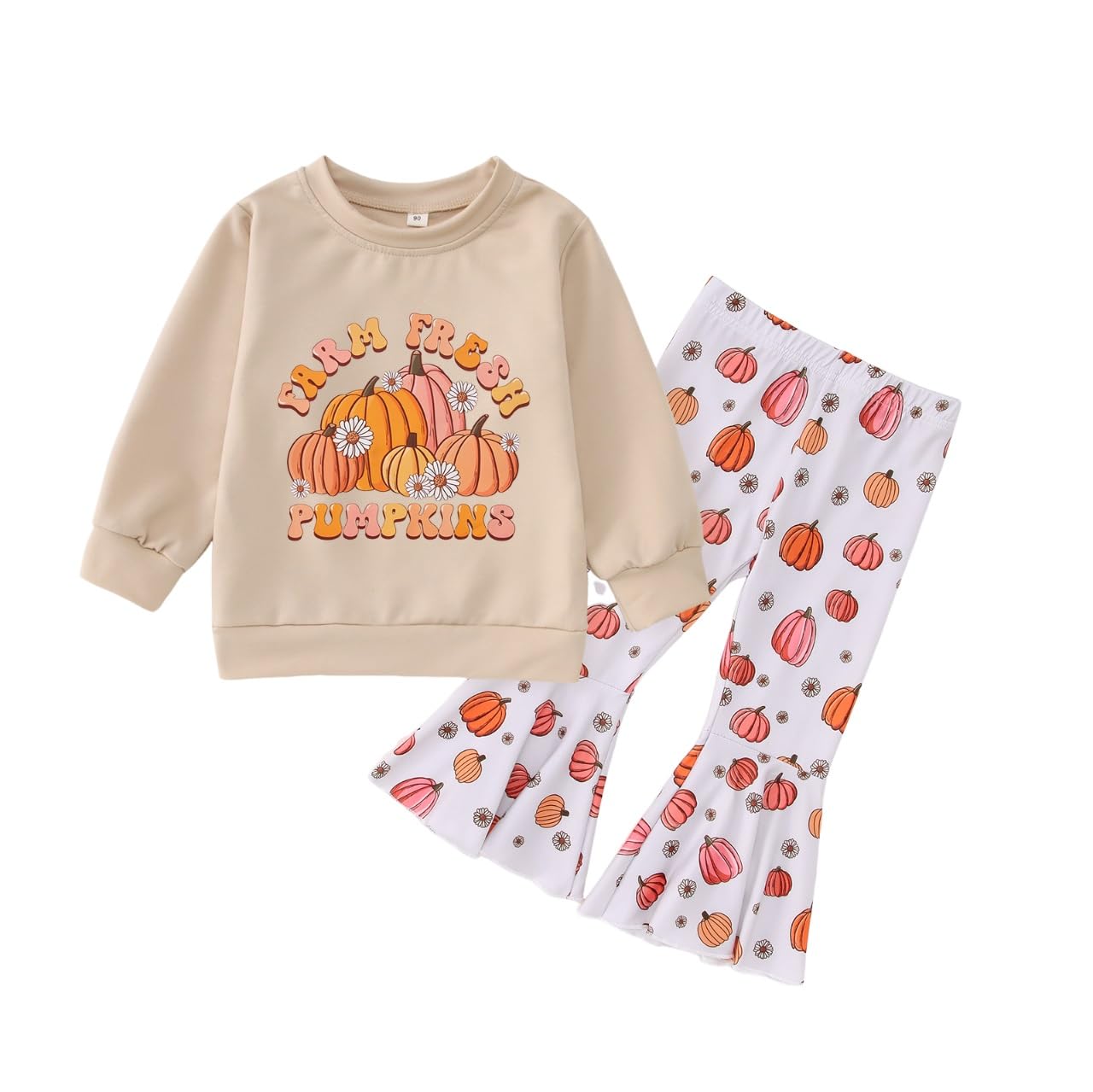 IZYJOY Toddler Girl Halloween Outfit Farm Fresh Pumpkin Crewneck Sweatshirt Flared Pants Set Fall Clothes 2-7 Years(Apricot,4-5T(110))
