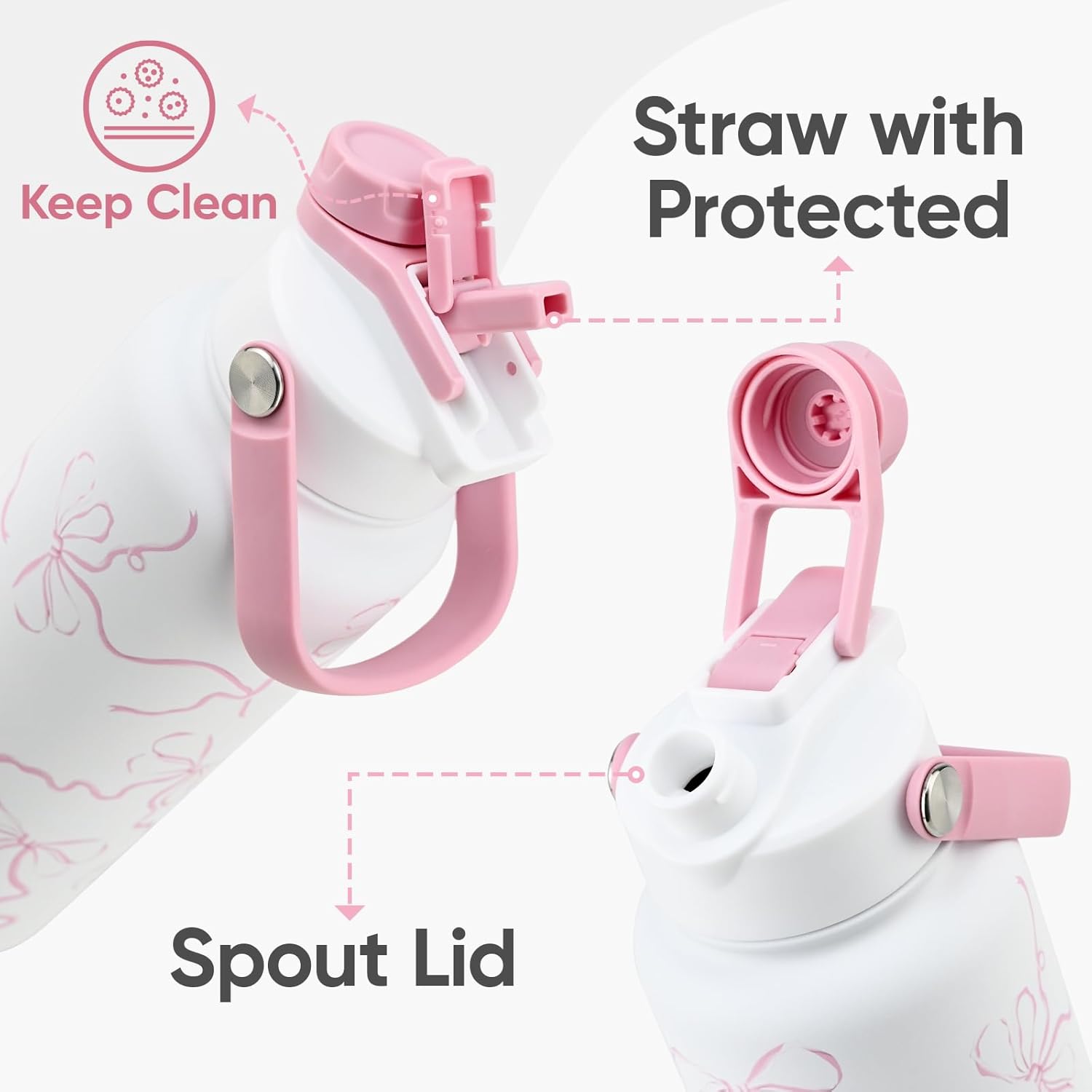 32 oz Pink Water Bottle, 2-in-1 Lid, Straw & Spout with Protected, Leak Proof, Keep Cold, Stainless Steel, Metal, Reusable, Handle, for Travel, Gym and School, Breeze Pink Bow - Image 2