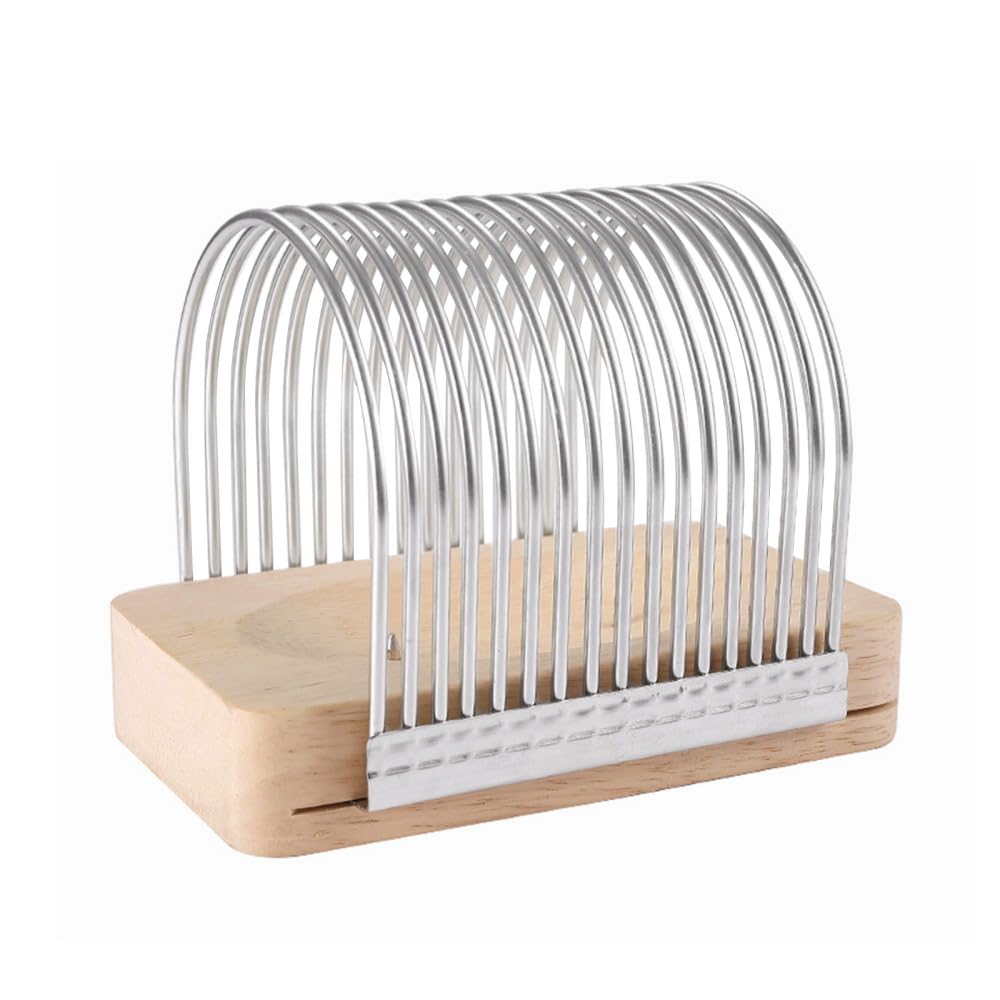 Bread Slicer, Stainless Steel Bread Cutting Guide with Wooden Base, Multifunctional Bread Cutter for Potato Bread Cheese Bagel