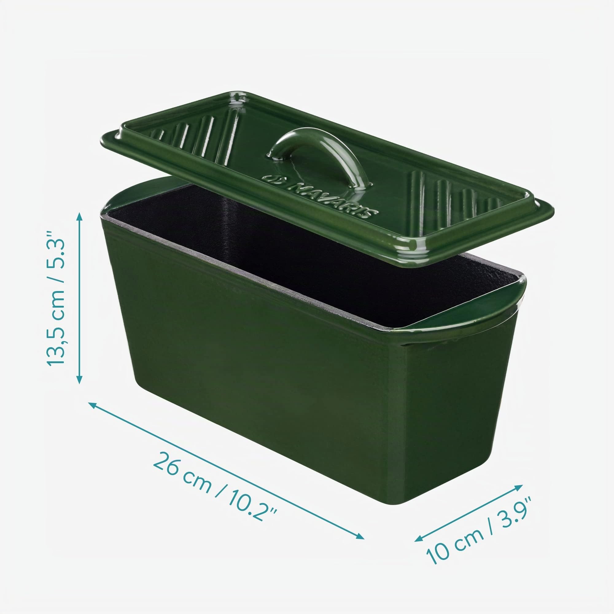 Navaris Olla para Hornear Pan - Cacerola Rectangular 34 x 13 x 13 cm de Hierro Fundido para Horno BBQ Vitrocerámica Inducción - Cazuela con Tapa - Verde