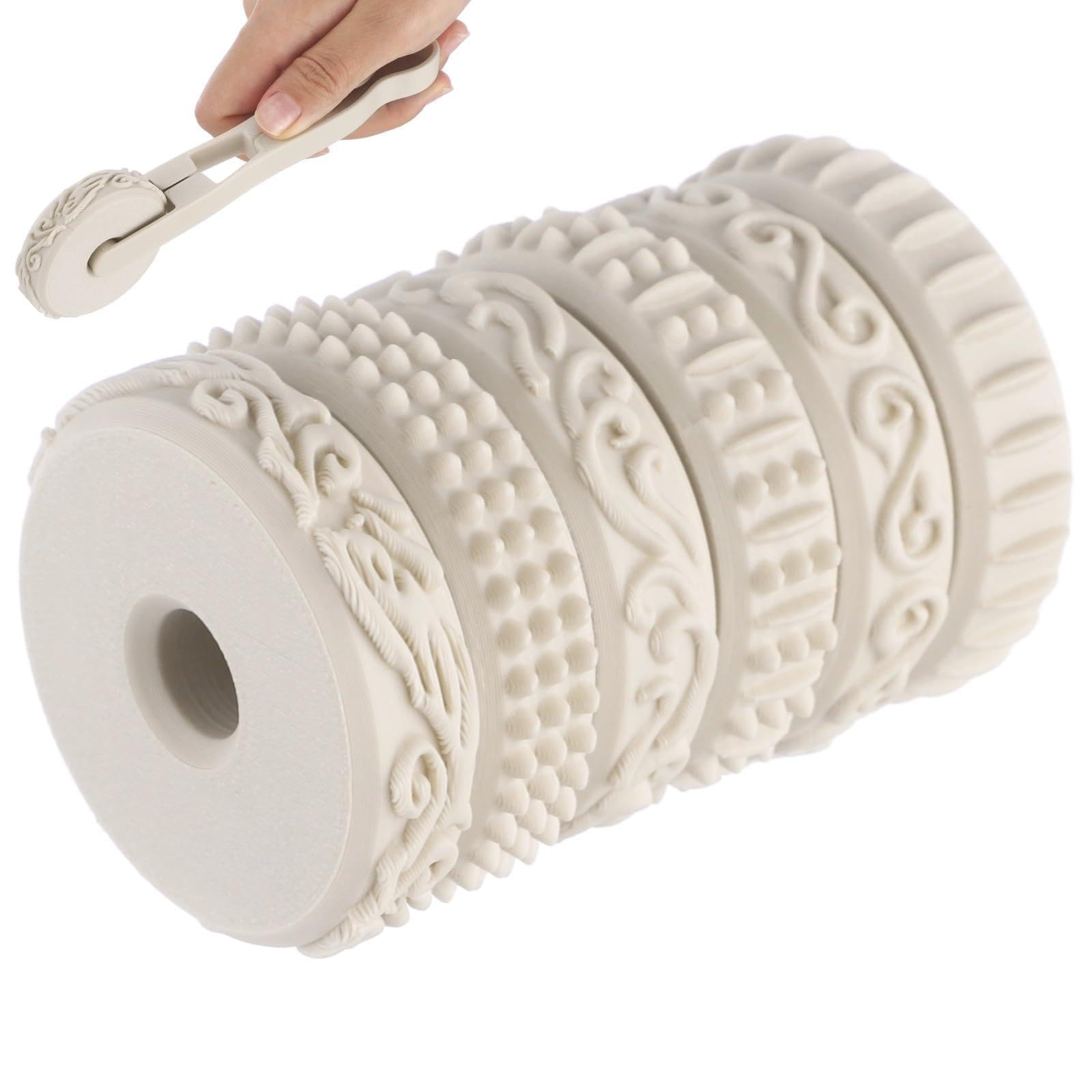 Ton-Texturroller-Set mit Griff, 2,36 Zoll Durchmesser, 6 strukturierte Rollen für Keramik, Teig, Fondant, Biskuit, zum Rollen per Hand oder mit Griff, für Kunst und Bastelarbeiten