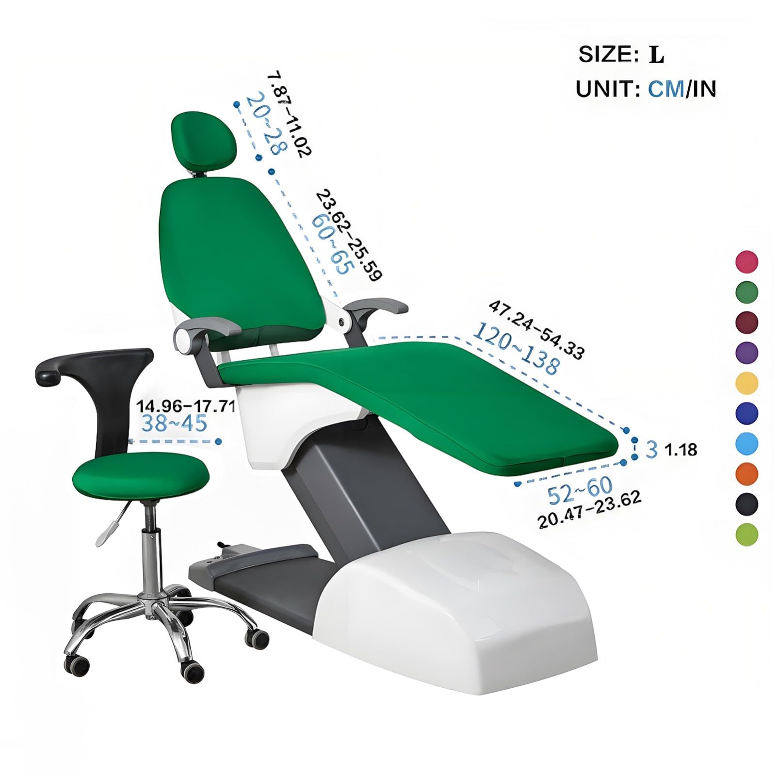 Juego de 5 Fundas para sillón Dental, Muy elásticas, Protectoras Completas para Asiento, Lavables, con Fundas Protectoras para reposacabezas y cojín para clínicas.(Dark Green,L)