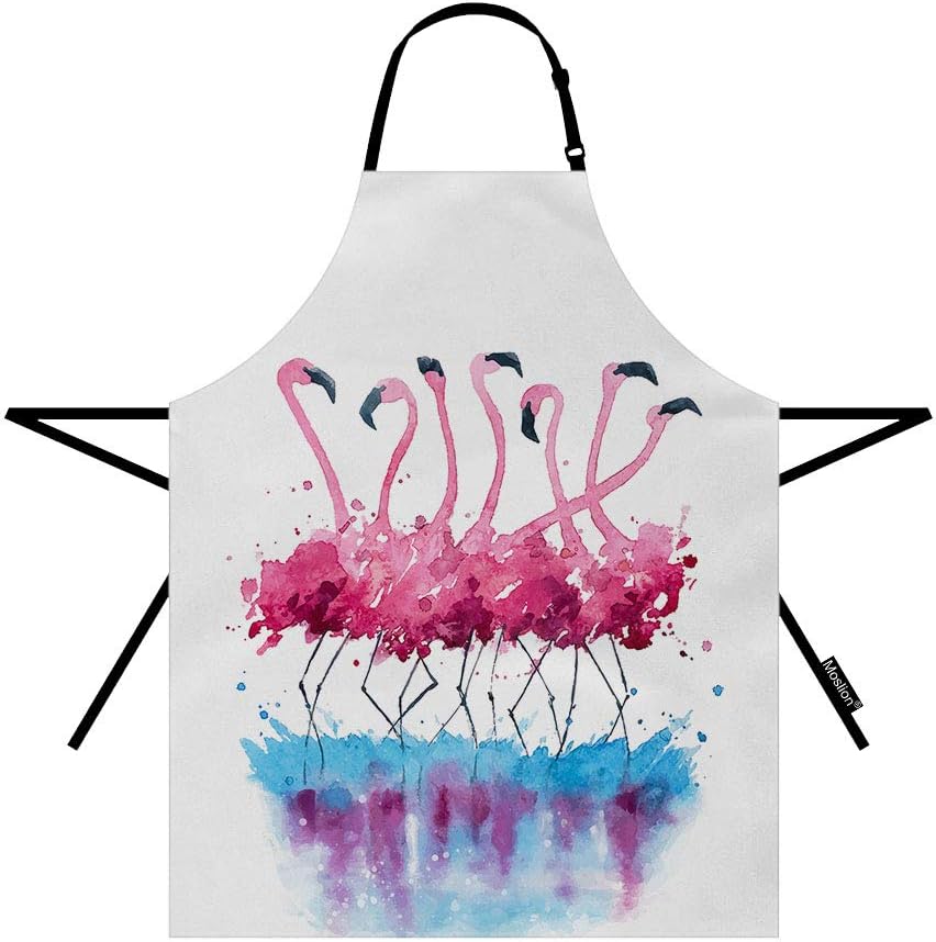 Flamingo Apron 31x27 Inch Tropical Love Birds Feather Romance Brushstroke Splash Watercolor Kitchen Chef Waitress Cook Aprons Bib with Adjustable Neck for Women Men Girls