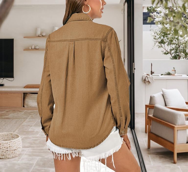 Denim Shirt Women Button Down Long Sleeve Chambray Western Jean Shirts Collared Casual Denim Tops - Image 6