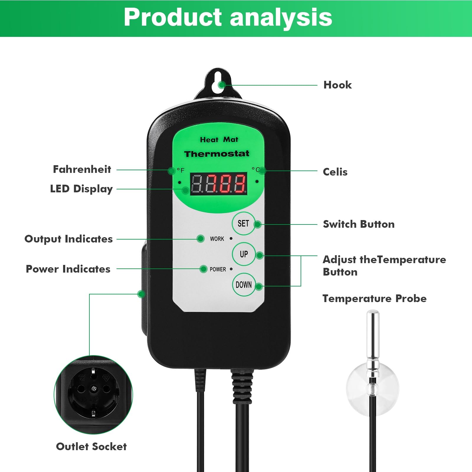 Jadeshay Termostato Per Rettili E Termostato Terrario Digitale Con Sonda Impermeabile 1.8m Controllo Temperatura 5-42℃ Presa EU 230V 1000W Per Semenzai Serre Tartarughe E Allevamento Rettili