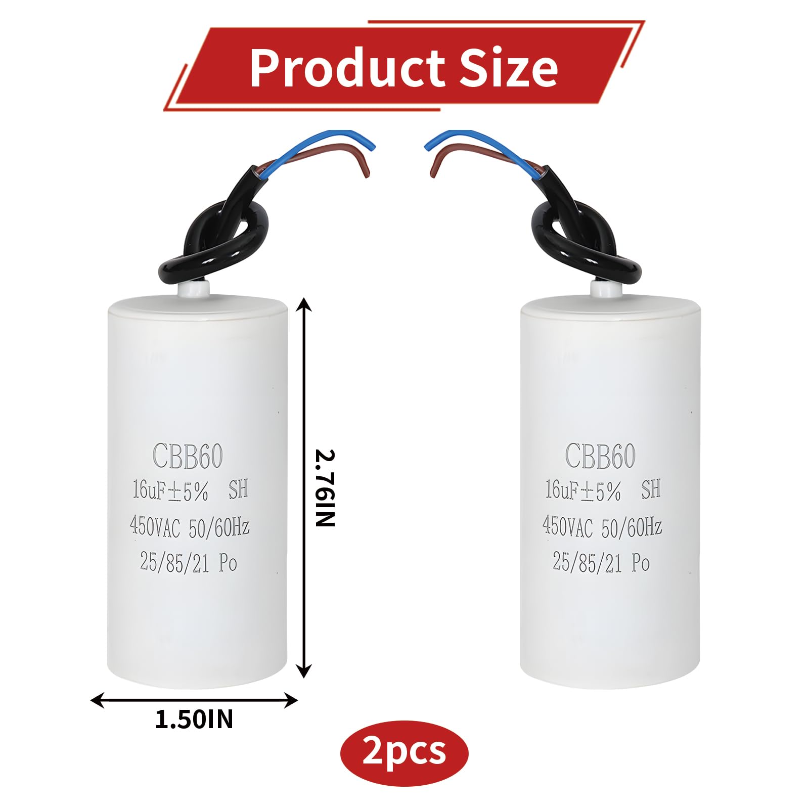 CBB60 450V 16μF Condensador Arranque Motor Monofásico 50/60Hz con Cables