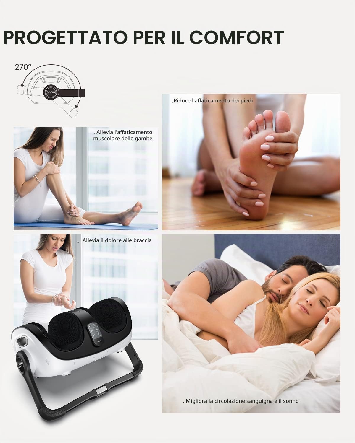 RENPHO Massaggiatore piedi Shiatsu 4 in 1 polpacci,con funzione riscaldante | Camera di massaggio per i piedi larga 19,5 cm, manico regolabile a 270°, impastamento, pressione, riscaldamento. regalo donna