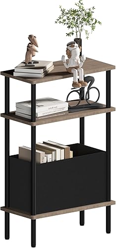 Mesa auxiliar estrecha con cesta de tela, mesa auxiliar para espacios pequeños, mesita de noche delgada con estante de almacenamiento de 3 niveles,