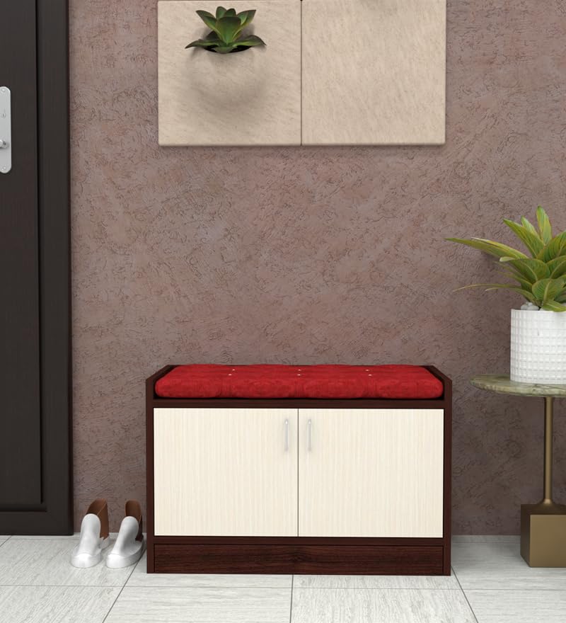Image of 2 Door Wooden Shoe Rack with Cushioned Seating Bench for Entryway | Shoe Storage Cabinet with Doors for Home & Hallway | Space Saving Shoe Organizer Stand | Red Cushion Cream Brown | DIY Assembly