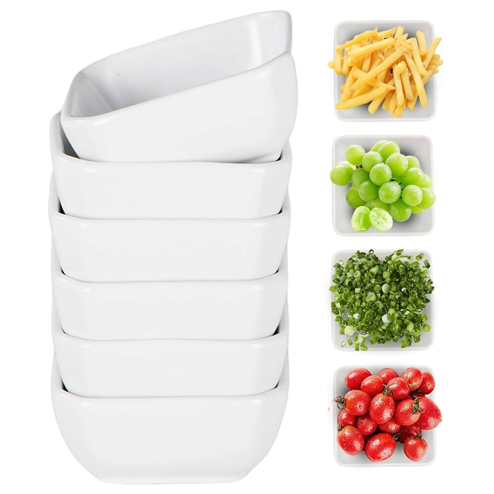DAGLLGEW 6Pcs Dipping Bowls, White Square Snack Bowls, Small Serving Dish, Charcuterie Dishes, Seasoning Dish for Tapas, Dining and Party Dip Snack Small
