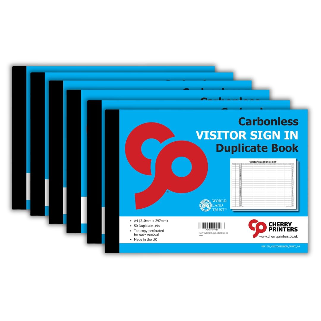 Cherry Printers Carbonless Visitor Sign in Duplicate Book A4 | 50 Duplicate Sets | Top Copy Perforated for Easy Removal | Professional Record Pad for Visitor Management and Sign-Ins | 6 Pack