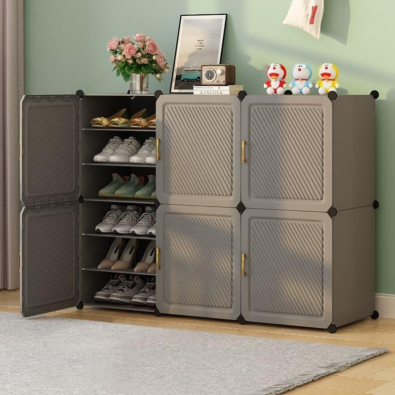 Image of Strassis Design Plastic Shoe Rack for Home | 18 Shelf DIY Shoe Rack with Door ๐๐๐ ๐ง๐๐ญ๐ฌ for Home Storage Plastic Box Organizer, Metal Door Frame, Chappal Slipper Sandals Stand (Grey 6 Door)