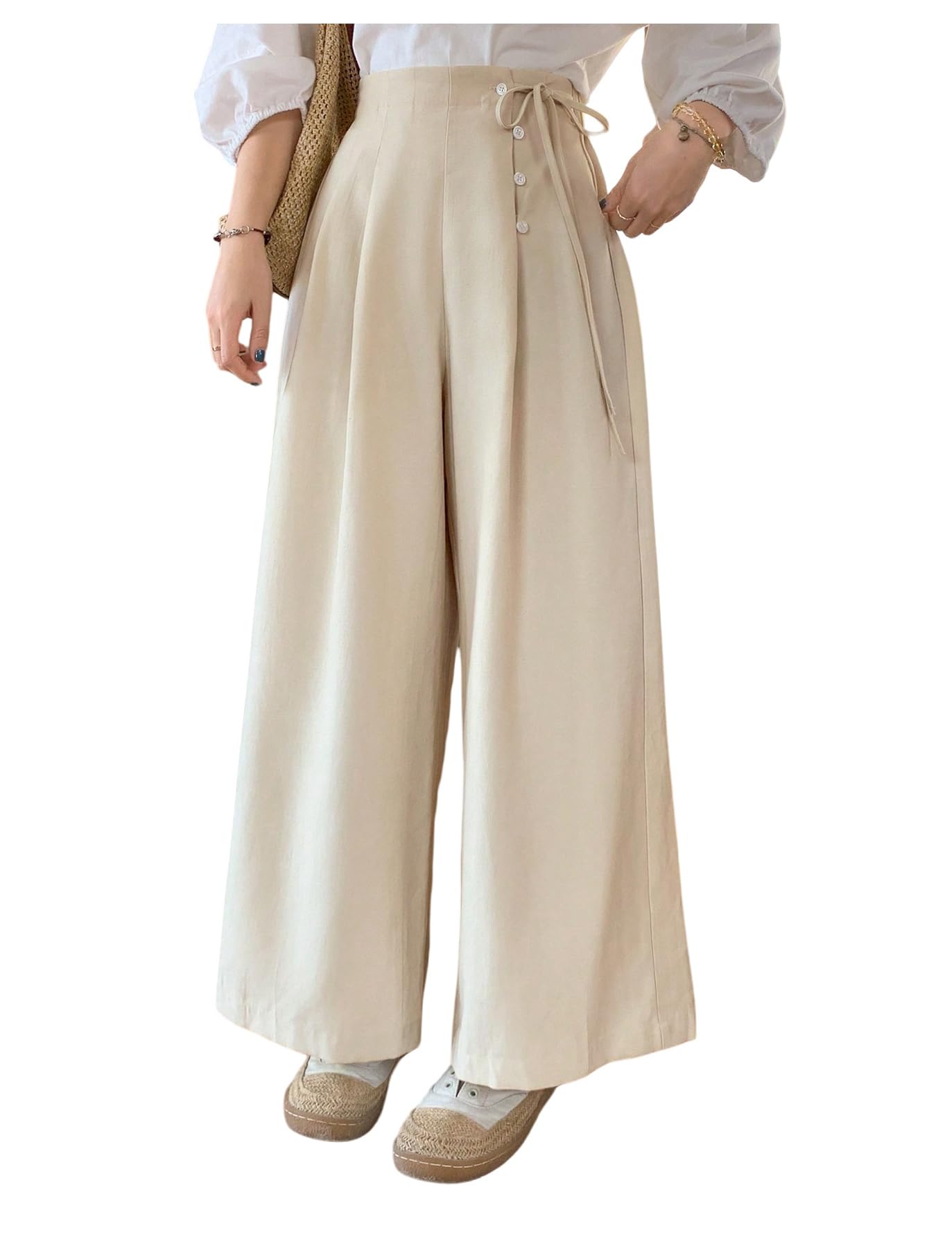 GORGLITTER Womens Wide Leg Work Pants Dressy High Waisted Pleated Tie Side Baggy Business Casual Trousers