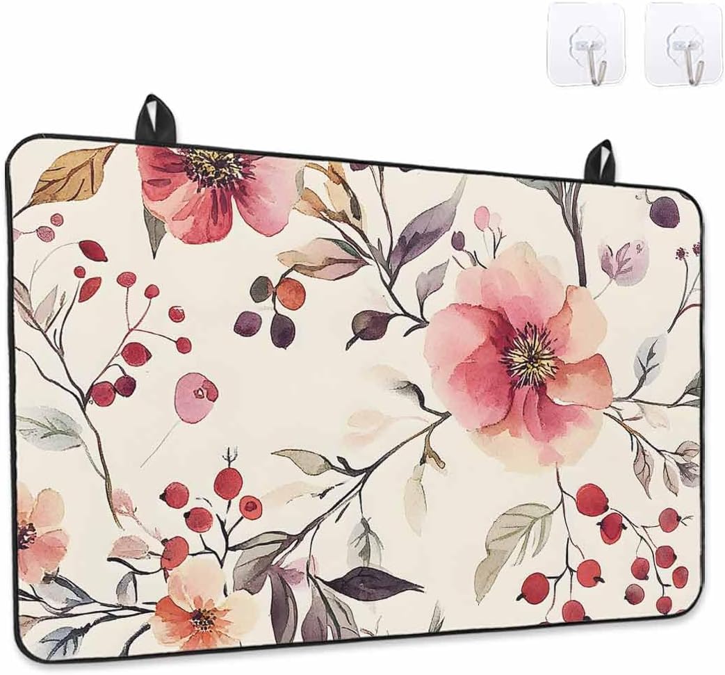 Stove Cover for Electric Stove 36x21 Inch Watercolor Pink Flowers Leaf Stove Top Cover Beige Glass Cooktop Covers Anti-Slip & Heat Resistant Countertop Protector Home Kitchen Decor