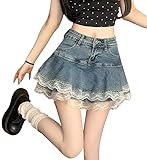 Y2K High Waist Denim Mini Skirt for Women - Layered A-Line Skater Skirt with Lace Trim, Casual Streetwear (Blue,Small)