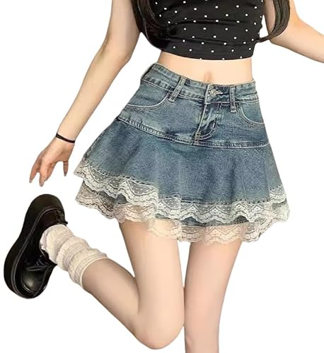 Y2K High Waist Denim Lace Mini Skirt for Women – Harajuku A-Line Ruffle Skater Skirt Kawaii Fairycore Style - Blue - Large