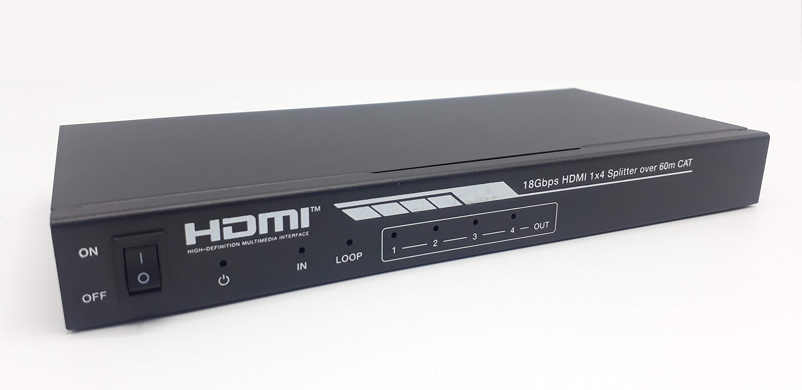 Répartiteur HDMI FOURKAY 1x4 sur Ethernet Cat6/7 avec 4 récepteurs PoC et Sortie en Boucle HDMI. Transmettez 4K60Hz jusqu'à 35 m ou 1080p à 60 m. Extraction Audio. Retour du Signal de Commande IR