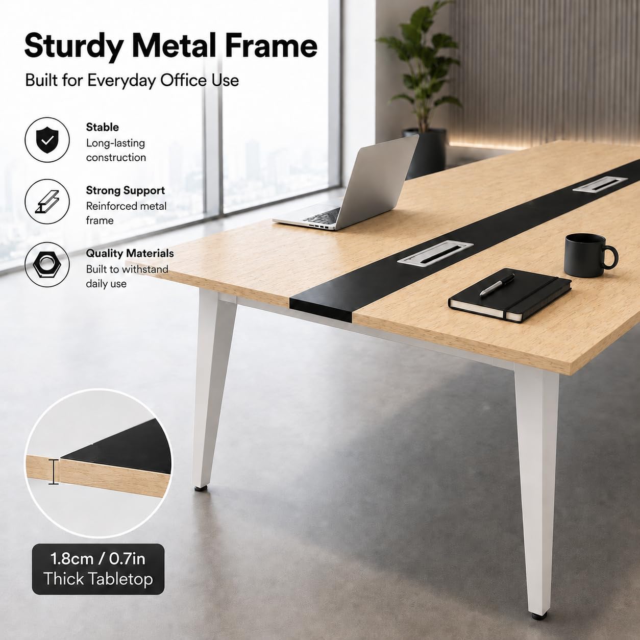 Mesa de Conferencias 8ft para 6-10 Personas, Mesa de Reuniones Grande con Pasacables, Escritorio Grande Rectangular con Estructura de Metal para Oficina y Sala de Ju Natural Wood + Black 240x120x74cm