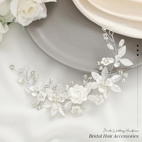 Miniatura 8 de Unicra Flor plata novia boda pelo hoja vid pieza de pelo de novia pedrería accesorios para el cabello diadema cristal para mujeres y niñas