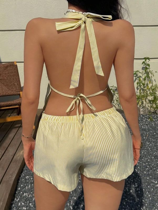 Image of ROAONOCOMO Women Tie Front Shorts Set V Neck Halter Cami Top Y2K 2 Piece Pj Set Graphic Summer Beach Lounge Outfit
