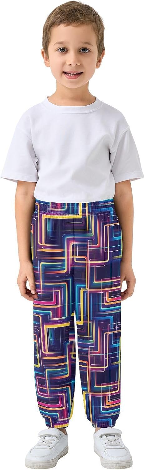 Boy Sweatpants Neon-Colored 3D Graphic Lines Joggers Casual Athletic Pants Kids Elastic Waist Cuffed with Pockets