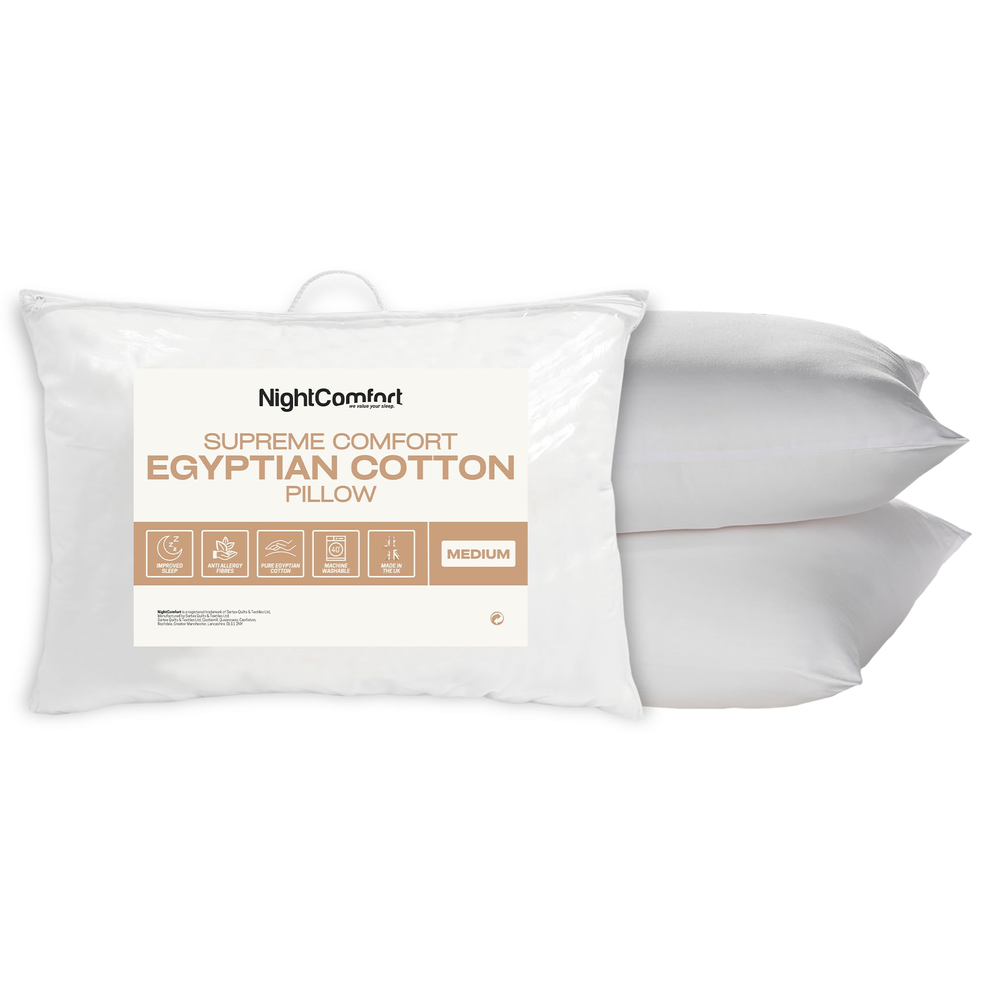Night Comfort Pack Of 2 Egyptian Cotton Fabric Anti-Allergy White Pillow – Hypoallergenic Breathable Medium Support Pillows For Side Sleepers Filled With Bouncy Hollowfibre (46Cm X 74Cm)