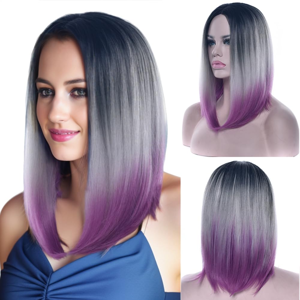 IMISSU Short Natural Hair Wigs Cosplay Wigs Ombre Color Halloween Costume Party Wig for Women (Black Gray Purple)