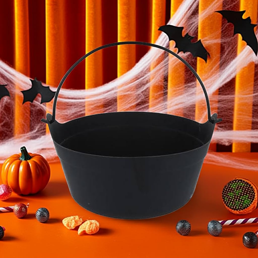 Partyrama.co.uk Black Halloween Plastic Cauldron 24Cm – Witch Cauldron Party Decoration, Trick Or Treat Candy Bowl, Spooky Centrepiece For Halloween Party Supplies