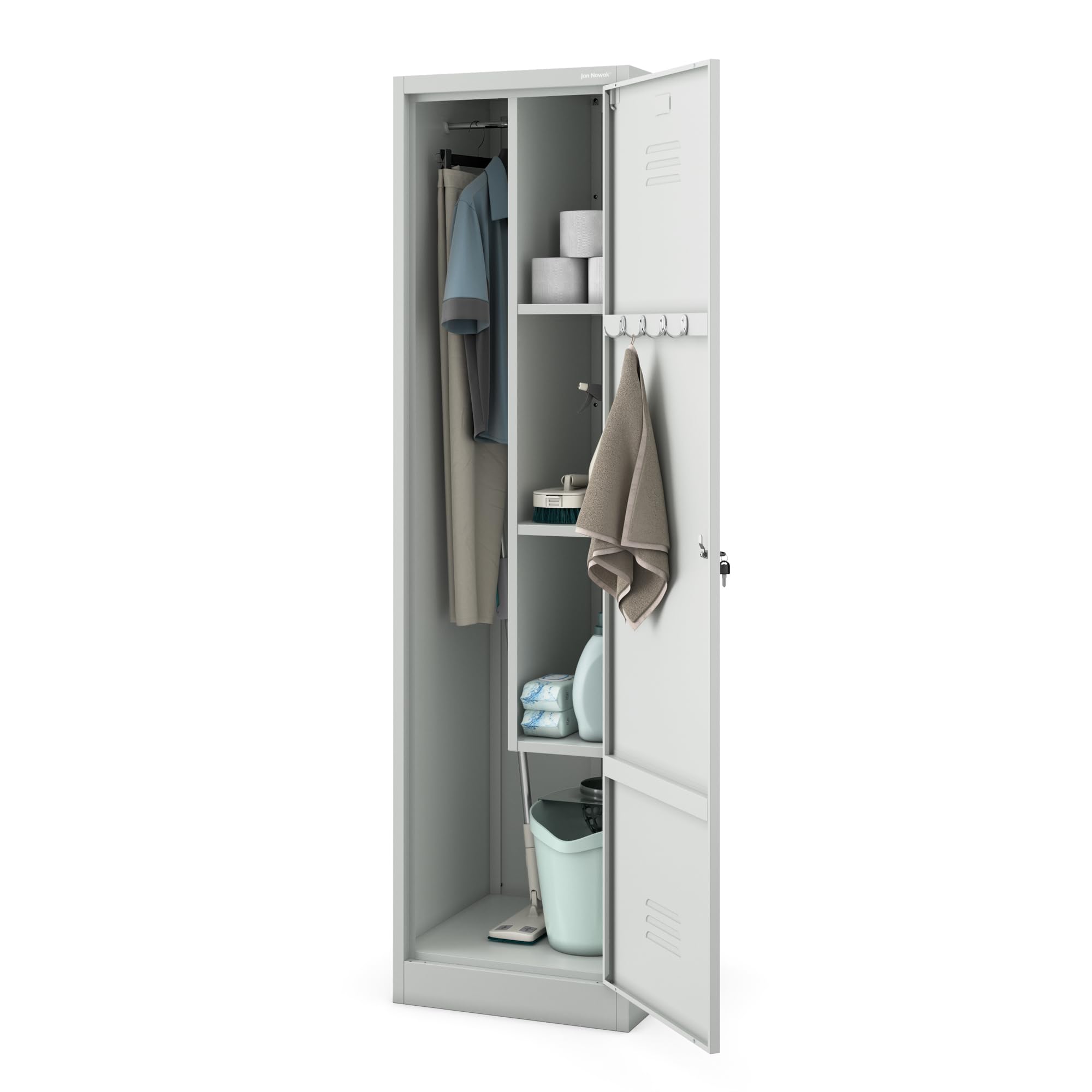 Jan Nowak Besenschrank Haushaltsschrank Metall - Agnes | 50 x 185 x 50 cm | Mehrzweckschrank mit Regale und Kleiderstange | Schloss, Belüftung | Putzschrank Schmal 50 cm Breit