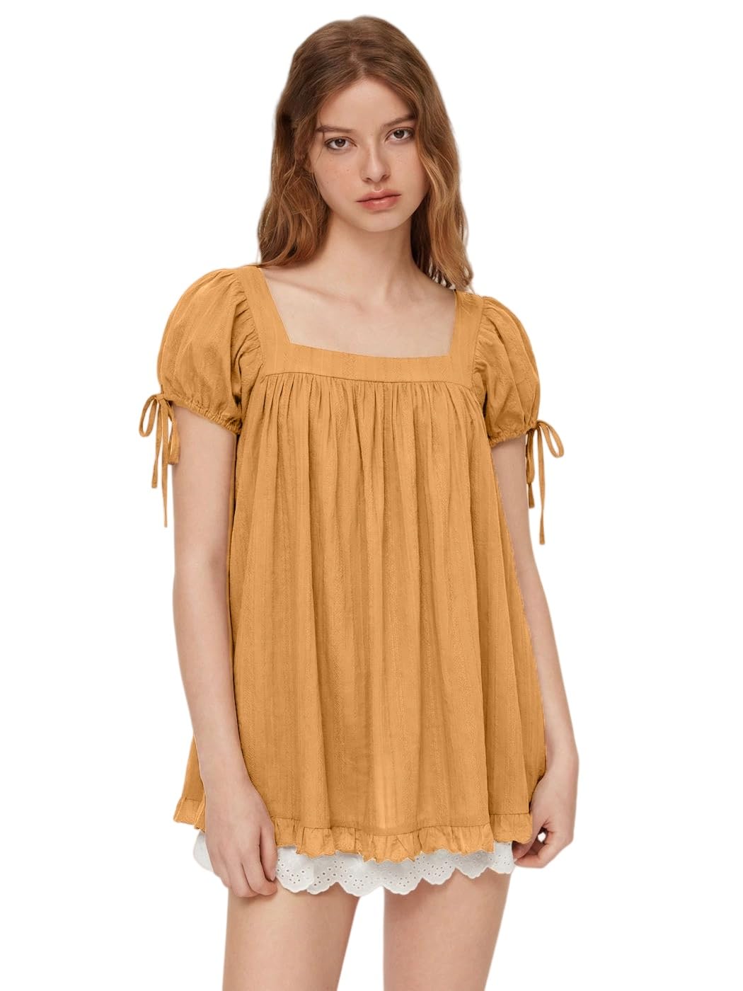 Generisch Damen-Bluse mit eckigem Ausschnitt und Puffärmeln – lässig & locker, mit Spitzenbesatz und Bindedetails an den Ärmelabschlüssen