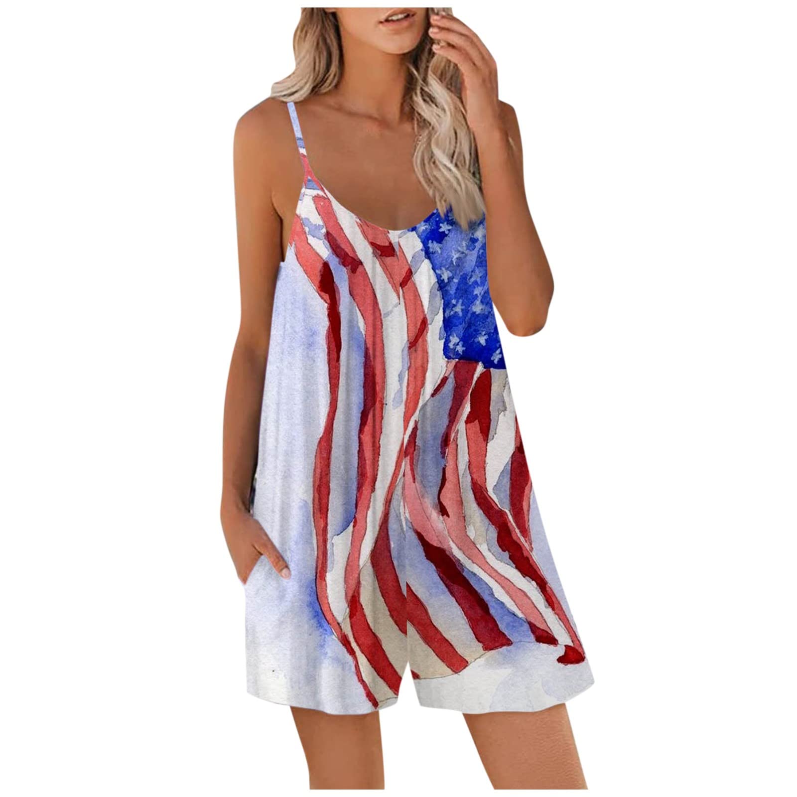 FlekmanArt Women's Spring/summer Independence Day Rompers Spaghetti Straps Sleeveless Overalls Loose Suspender Jumpsuit