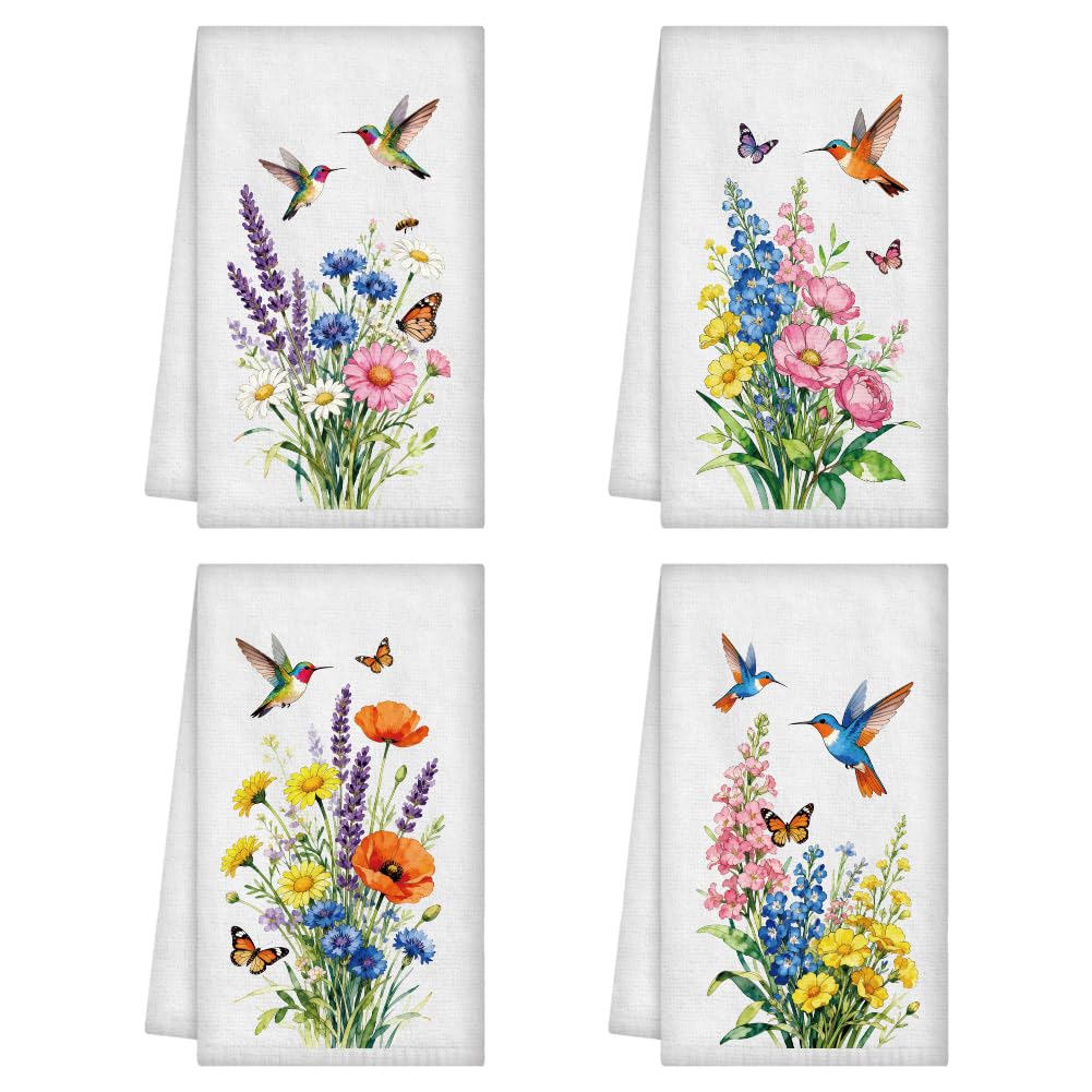 WADORN 4Pcs Hummingbird Flowers Hand Towels, Birds Floral Seasonal Spring Summer Dish Towels 24 x 16 Inch Microfiber Absorbent Soft Tea Dishcloths for Home Cooking Baking Holiday Housewarming Gifts