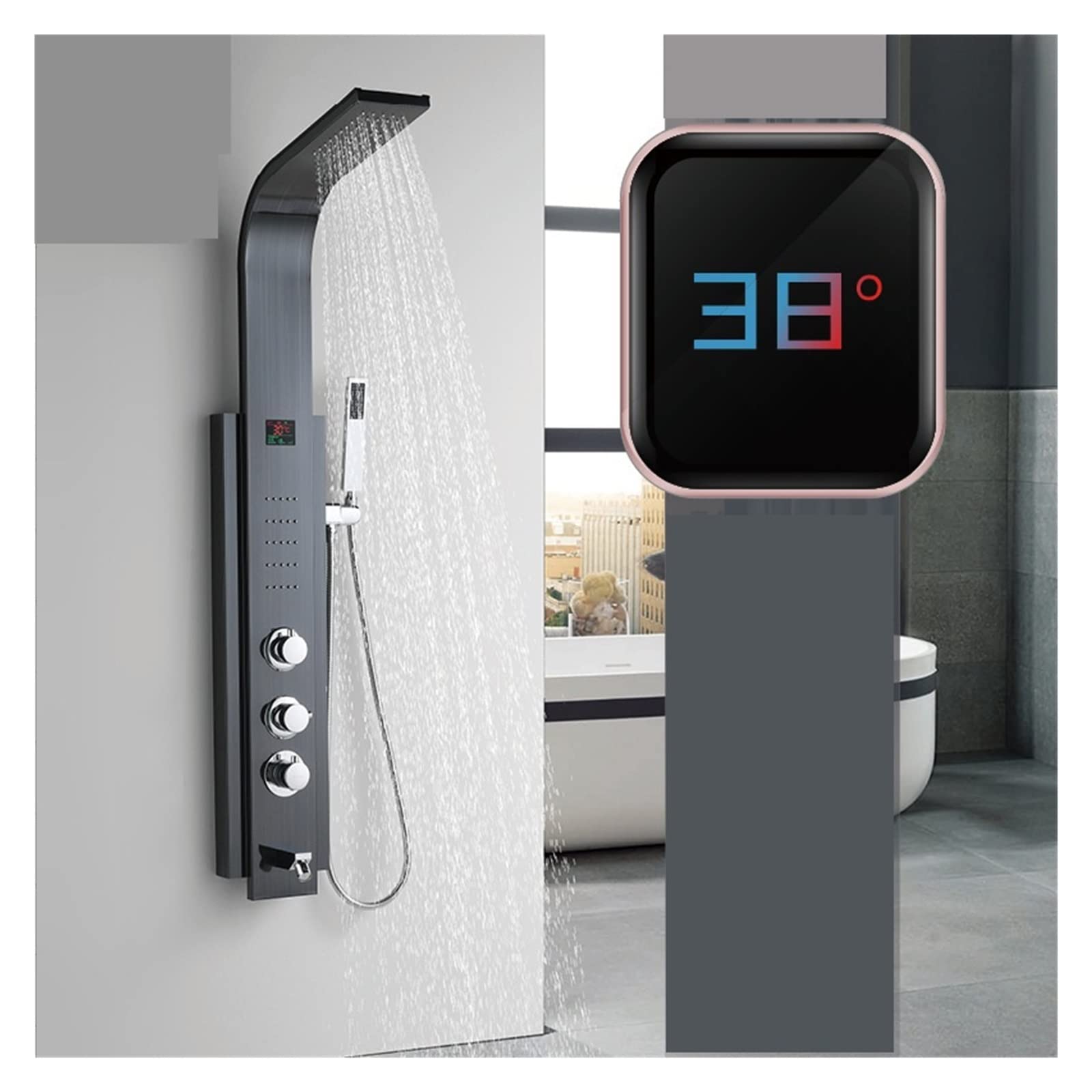 Sistema de ducha de baño con Juego De Ducha Sobrealimentado Inteligente Temperatura Constante Negro Agua Grande Mampara Acero Inoxidable Pantalla Digital para la renovación del baño de la casa