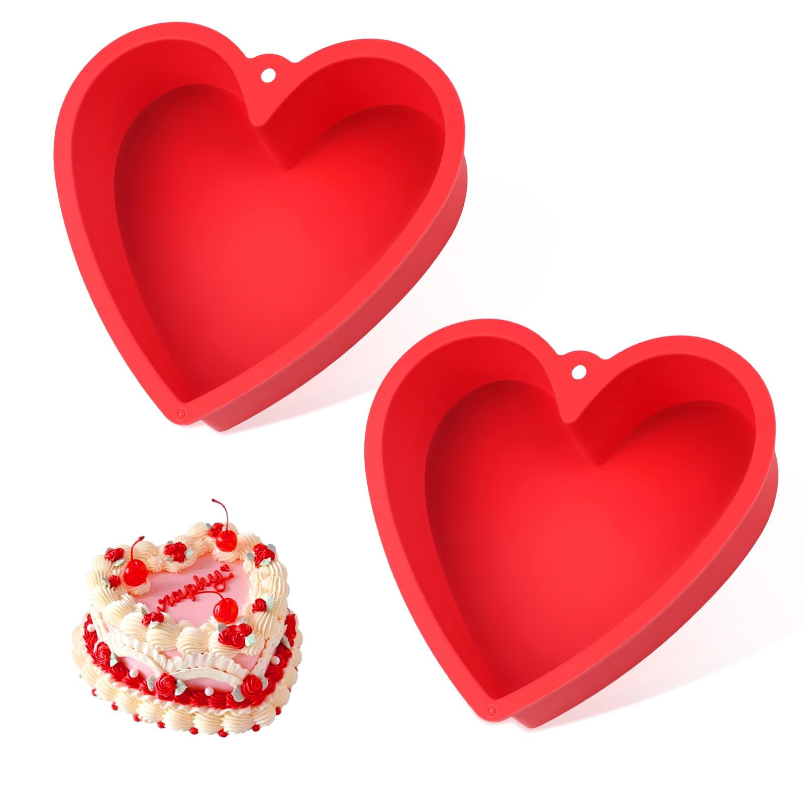 QEEYON Silicone Heart Shaped Cake Tin, 2 Pcs 8 Inch Love Cake Moulds, Cake Baking Pan BPA Free, Non Stick Silicone Heart Baking Tin Baking Tray for Cake Cheesecake Chiffon Puddings Bread(Red)