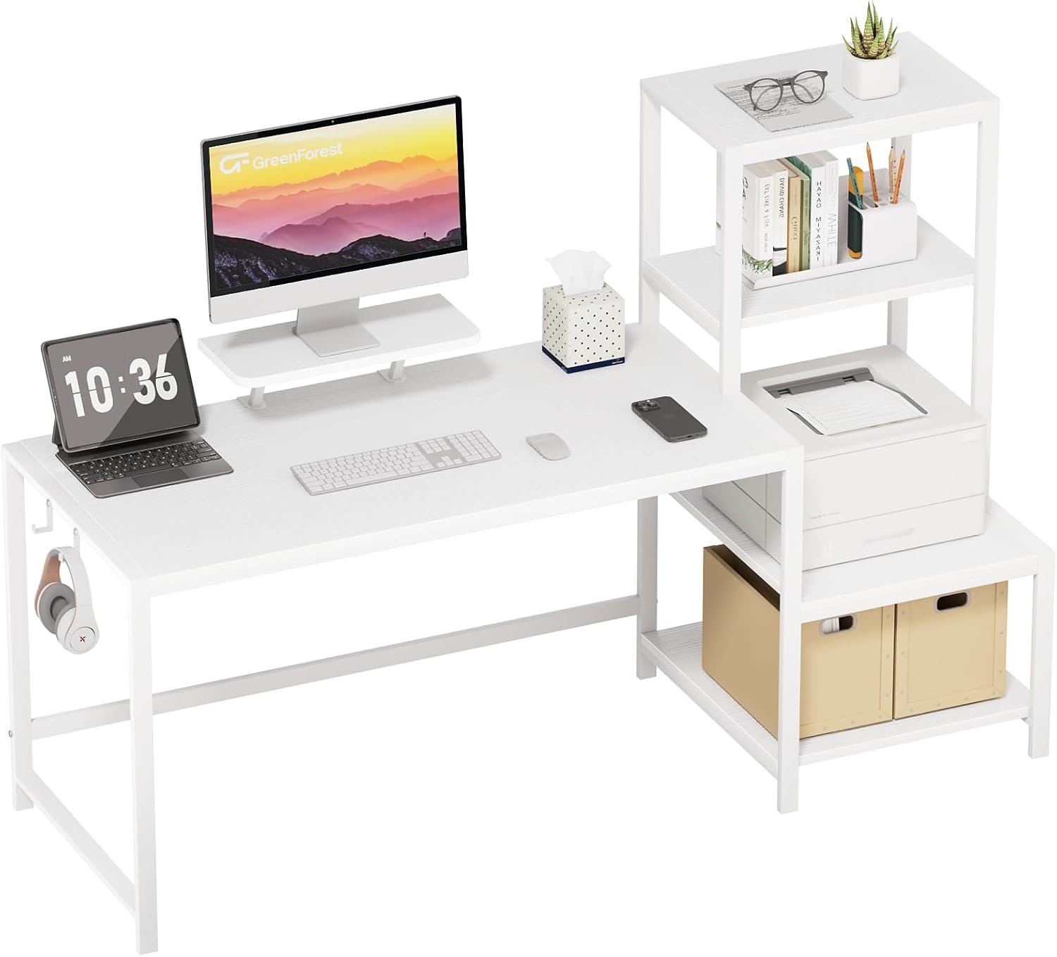 GreenForest Computer Desk 58 inch with Printer Shelf, Reversible Office Desk with Monitor Stand and 2 Hooks, Home Desk Workstation for Study Writing Working Gaming, Full White