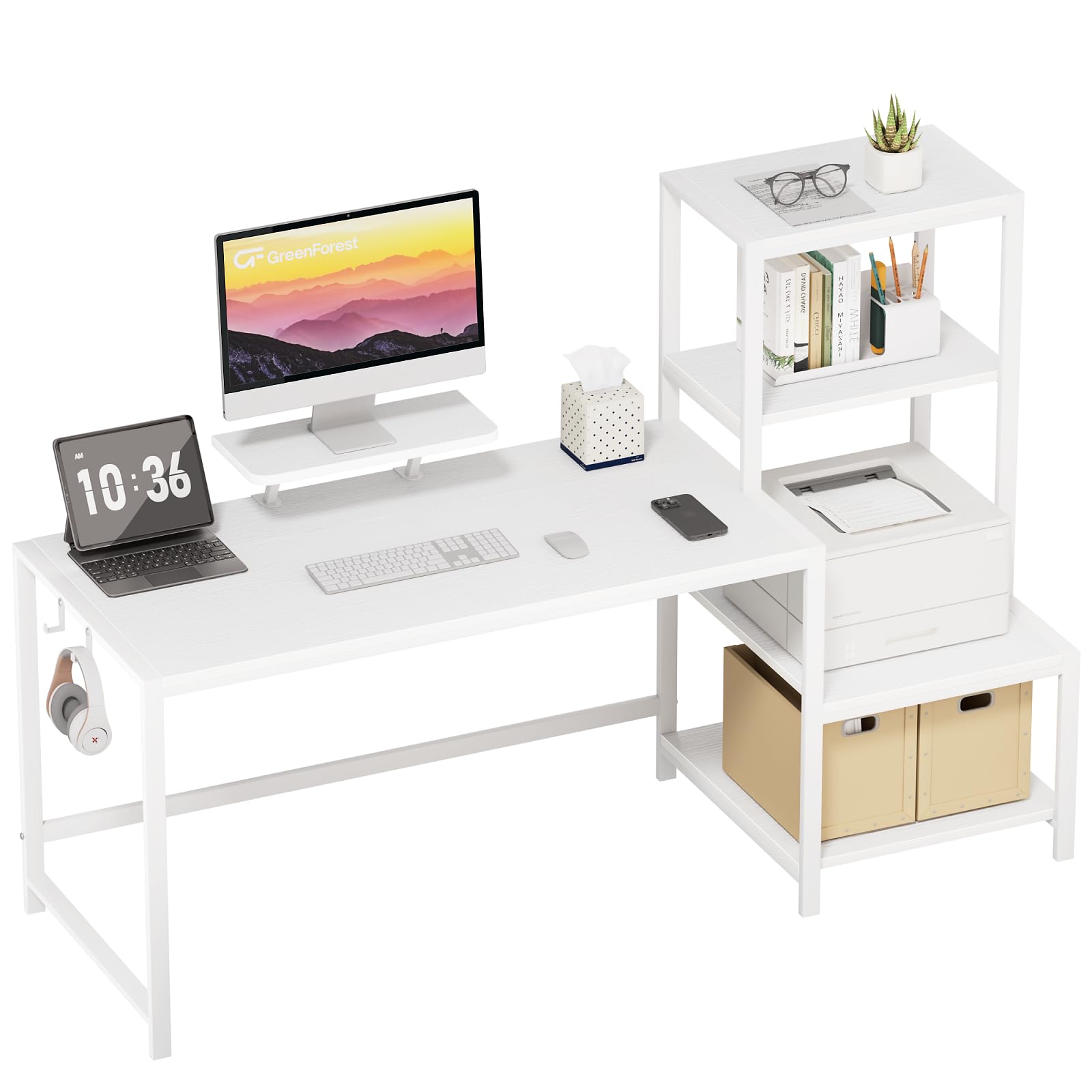 White Desk GreenForest 58 Inch Computer Desk With Printer Shelf ...