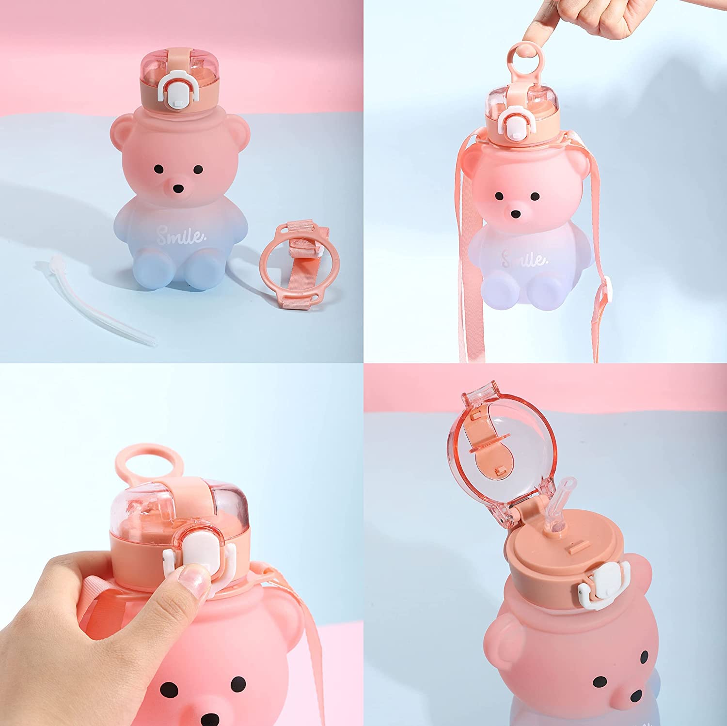 Kawaii Bären-Wasserflasche 800 Ml – Mit Strohhalm, Auslaufsicher, Farbverlauf, Inkl. Trageriemen