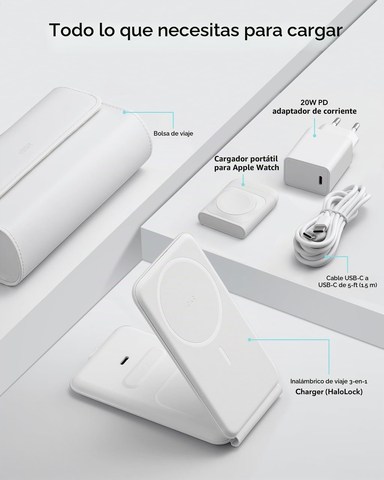 ESR Cargador Inalámbrico 3 en 1, Base Cargador para iPhone y Apple Watch, Estación de Carga MagSafe, para iPhone 17/16/15/14/13/AirPods 4/Pro, Blanco
