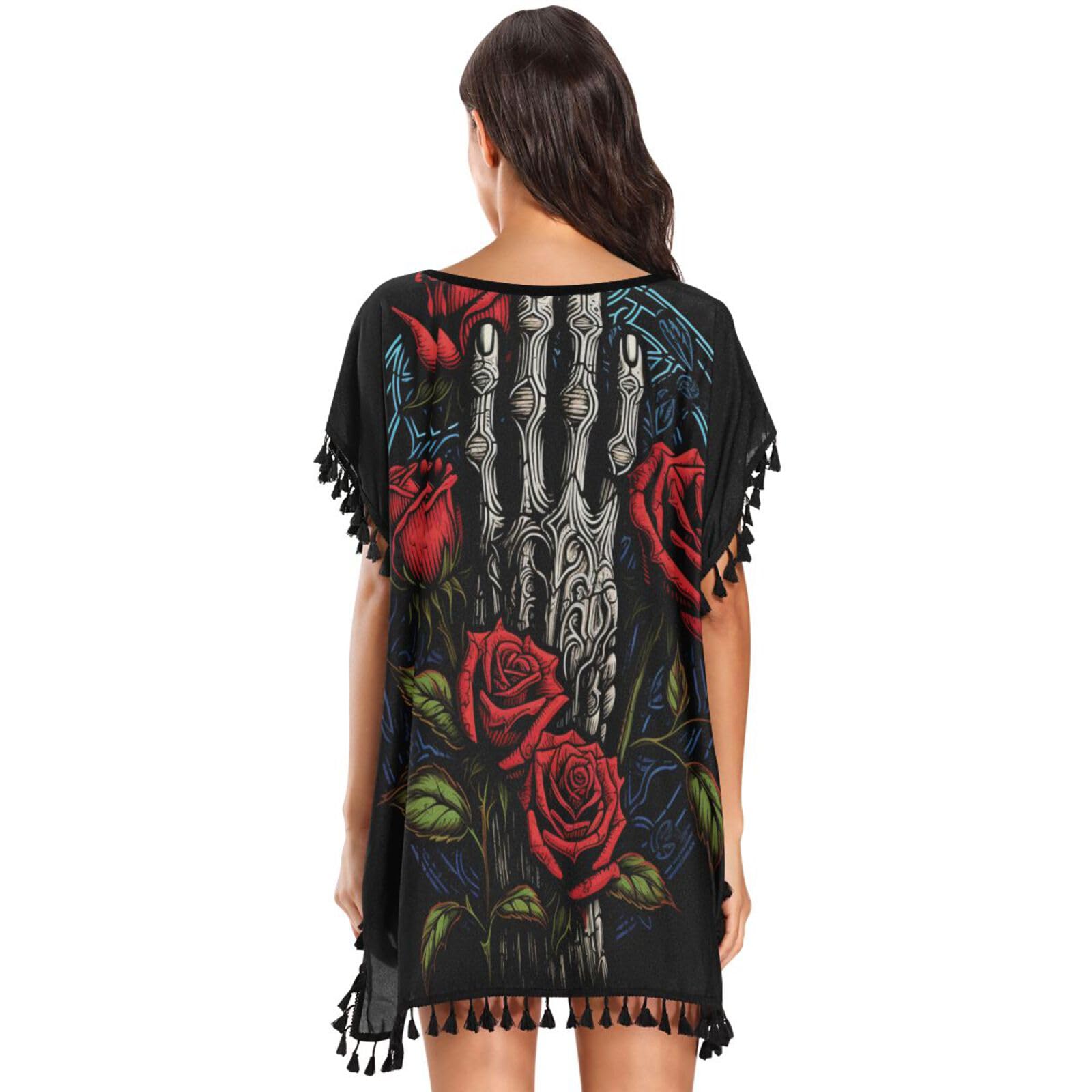 Red Rose Sliver Hand Scary Women's Beach Cover Up Chiffon Tassel Swimwear Swimsuit Coverups for Girl
