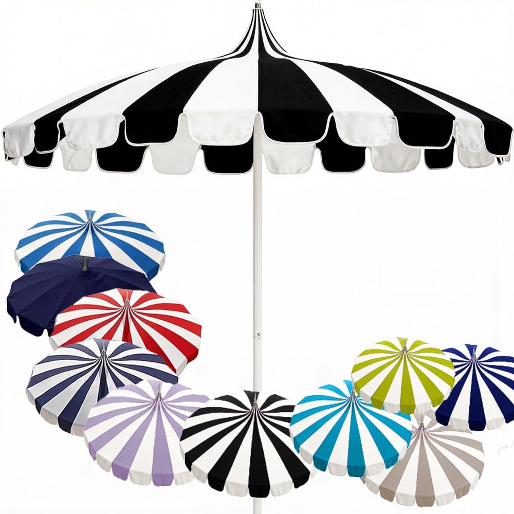 LARAKVEAKV Stripes Patio Pagoda Umbrella, 8ft Pool Umbrellas Market Table Umbrella, Outdoor Umbrellas For Deck Patio, 16 Fiberglass Ribs(Black and white)