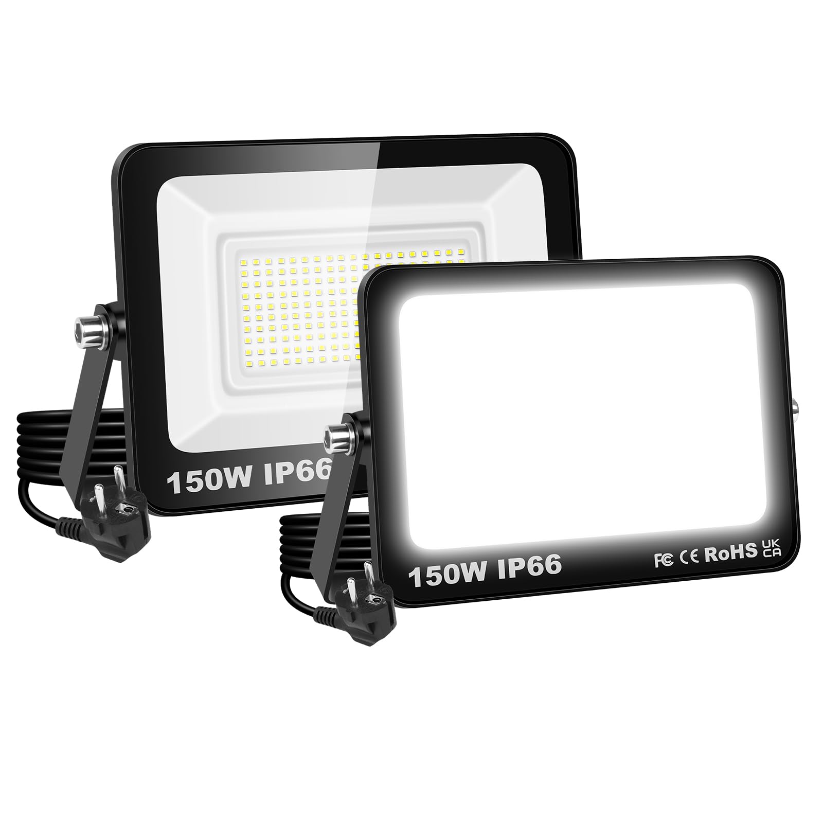 RIGIDON 2x LED Strahler Außen, 150W 15000LM 6000K Kaltweiß IP66 Wasserdicht | mit Stecker, Led Scheiwerfer Außenstrahler Fluter Flutlicht Spotlight Außenlampe für Garage Garten Sportplatz Terrasse Hof