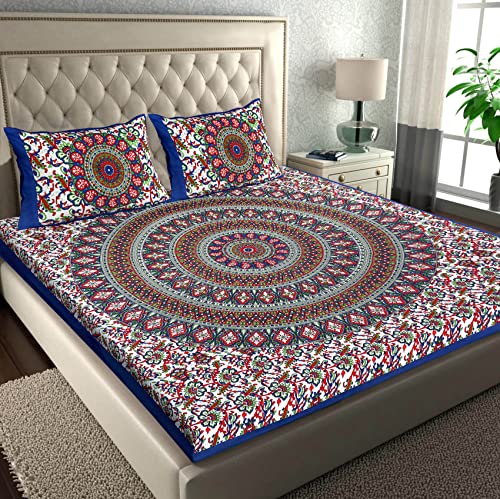 Image of RajasthaniKart Comfort Rajasthani Jaipuri Traditional Sanganeri Print 144 TC 100% Cotton Double Bedsheet with 2 Pillow Covers (Double, Blue)
