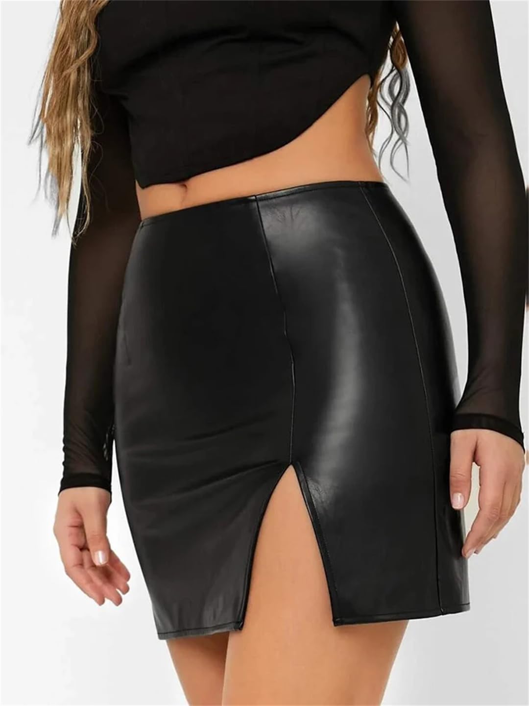 Minifalda corta sexy de cuero mate para mujer, falda entallada con abertura lateral para fiesta
