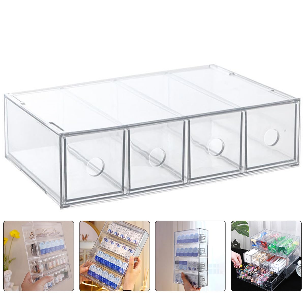 Organizzatore Trucco Acrilico Trasparente 4 Scomparti Impilabile, Scatola Porta Cosmetici Raffinata e Pratica per Bagno e Toeletta