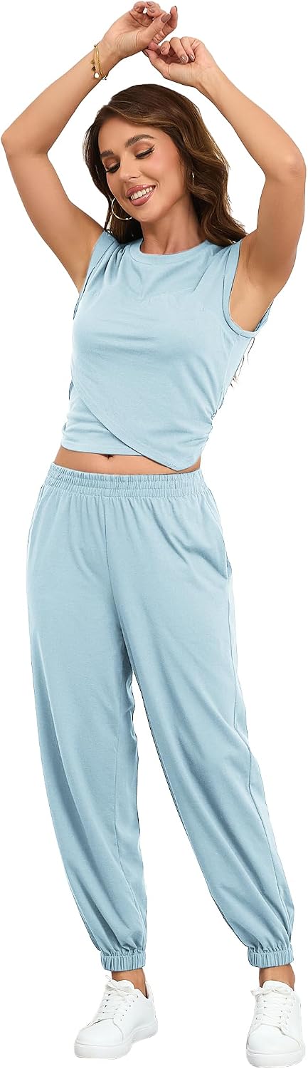 Women's Cozy 2 Piece Outfits Lounge Sets Sleeveless Cropped Tops High Waisted Jogger Sweatpants Sweats Track Suits Set